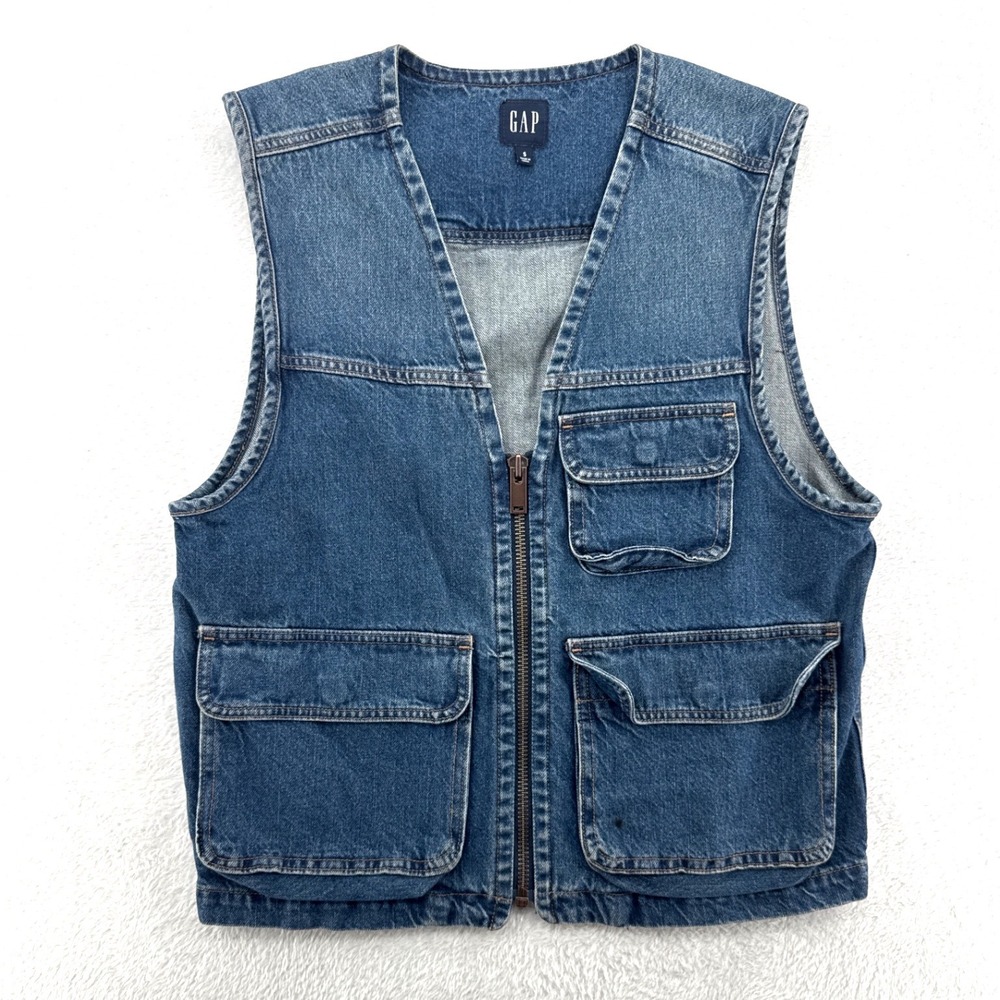Gap Men Denim Utility Fishing Vest Small Blue Multi-Pocket Sleeveless Workwear